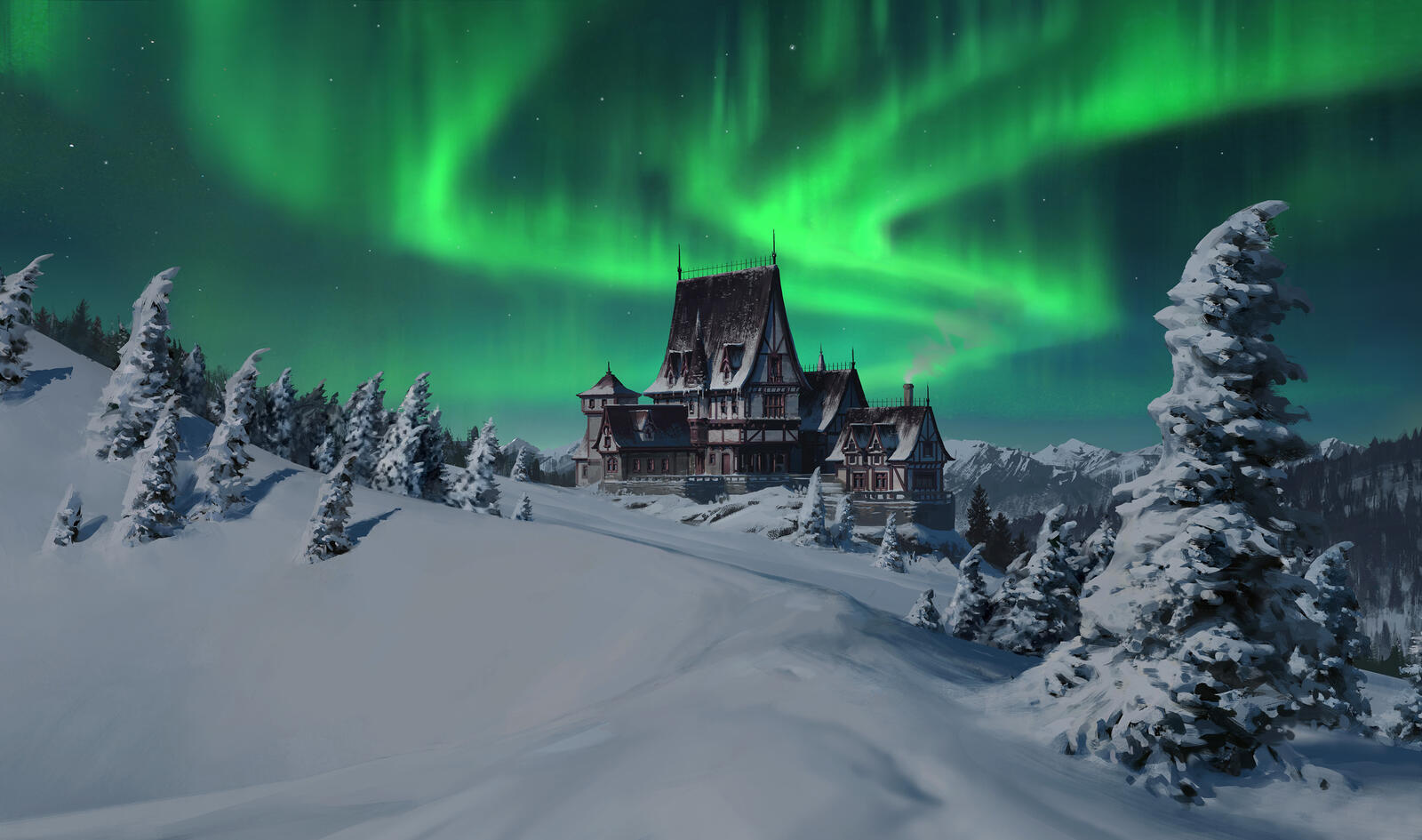 免费照片大地边缘的古老宫殿，雪花飞舞，北极光在天空中闪烁