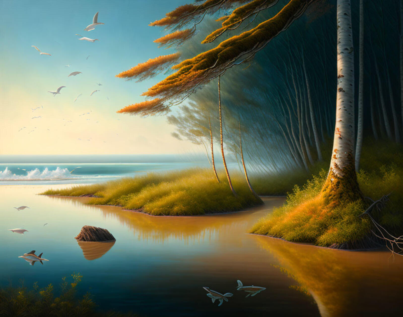 Бесплатное фото Рисунок берега моря с плавающими рыбками