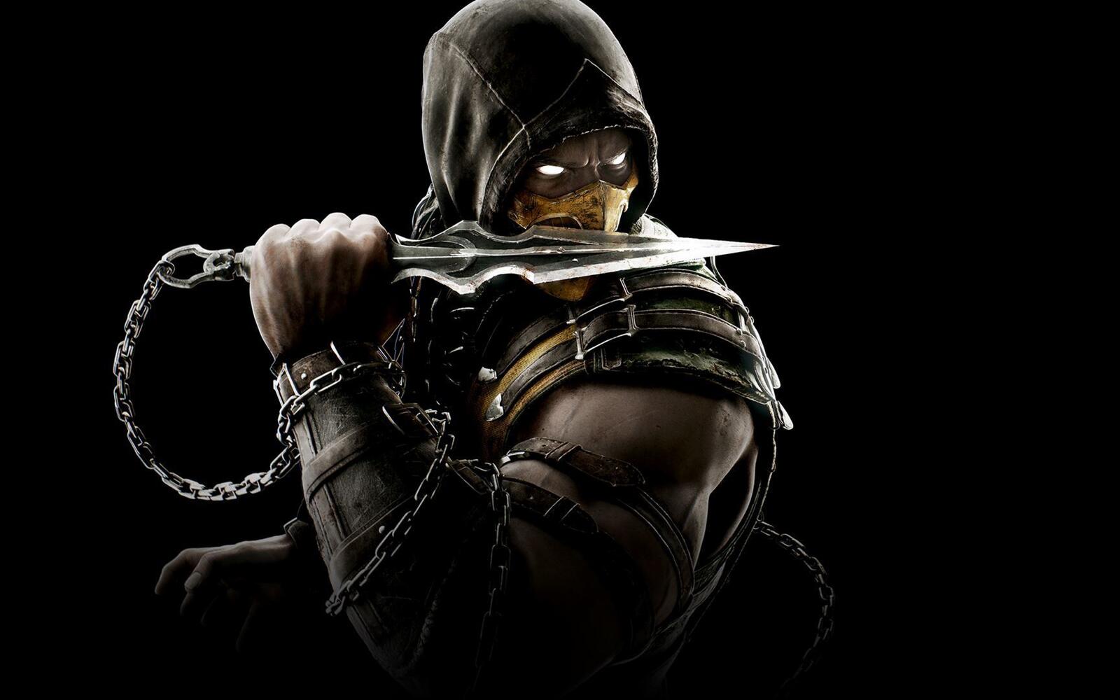 Бесплатное фото Солдат с ножом из игры Mortal Kombat X на черном фоне