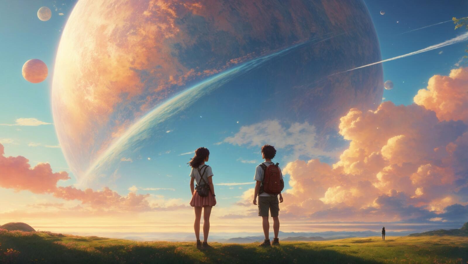 免费照片两个动漫人物站在一颗巨大的行星前