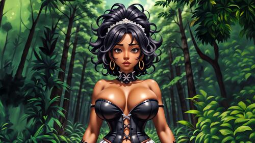 A black girl in a black corset stands in the background of the forest