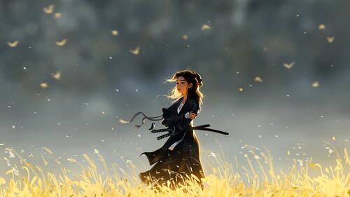 Девушка самурай стоит в поле