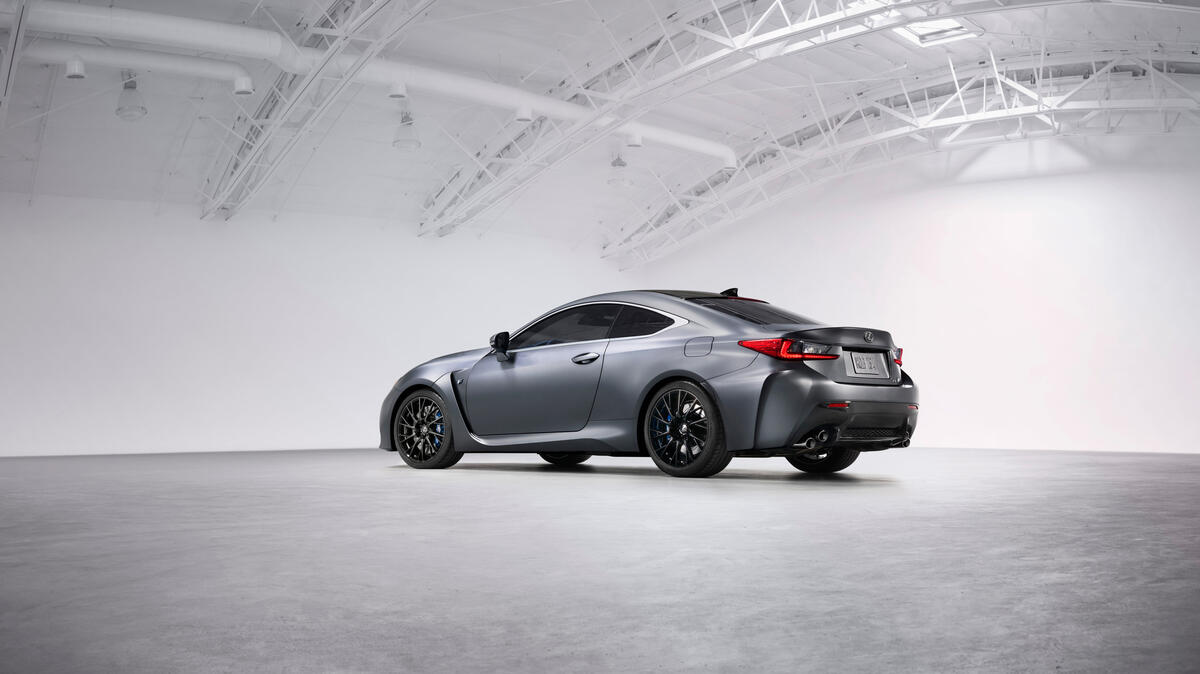 Matte gray Lexus RC F coupe photographed from behind