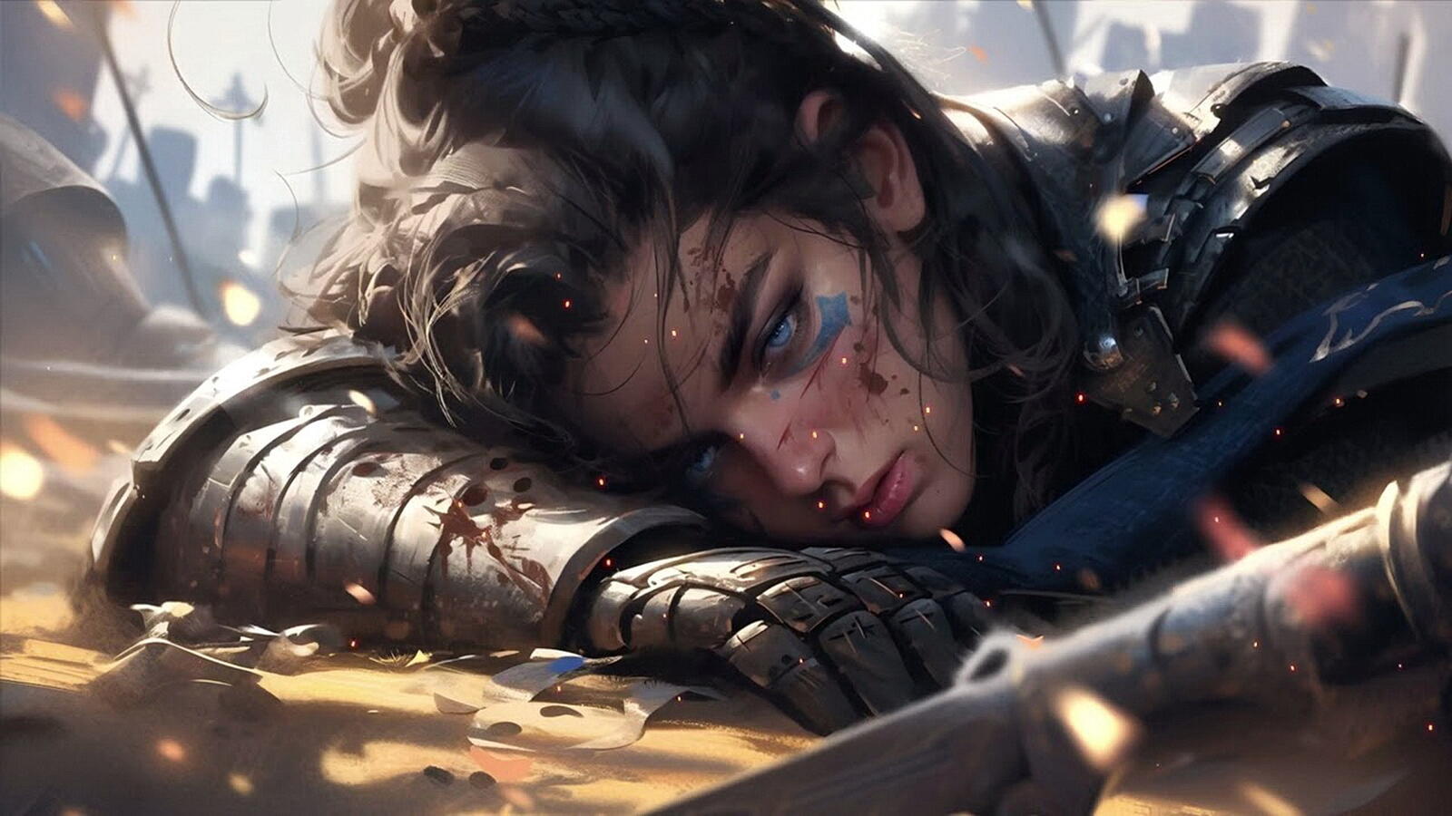 Бесплатное фото Убитая девушка воин лежит на поле боя