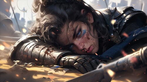 A slain girl warrior lies on the battlefield