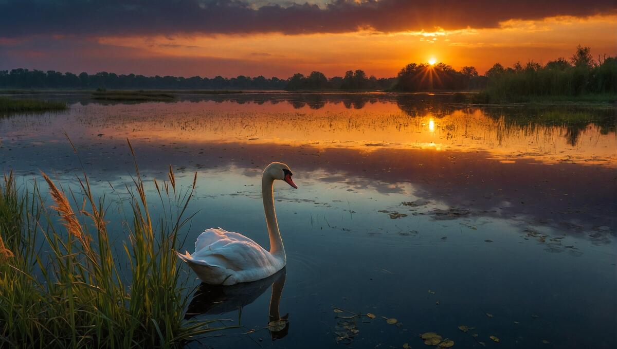 A swan in the water near the shore at sunset