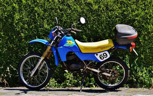 Blue motorcycle with yellow seat