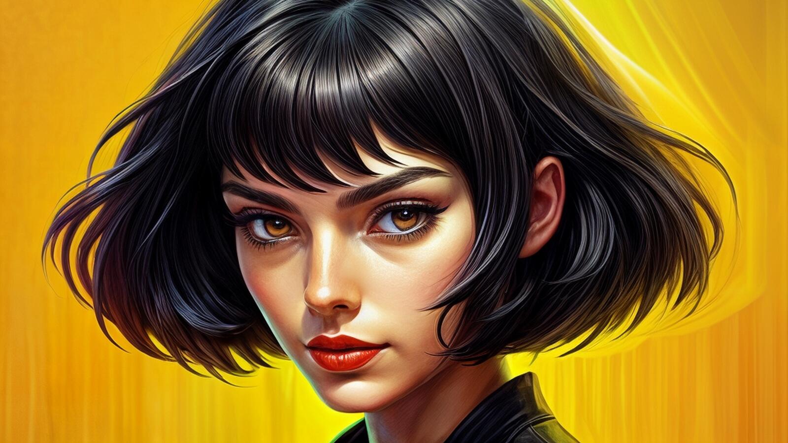 Бесплатное фото Портрет девушки брюнетки с короткими волосами на желтом фоне