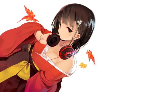 Anime girl with headphones around her neck.