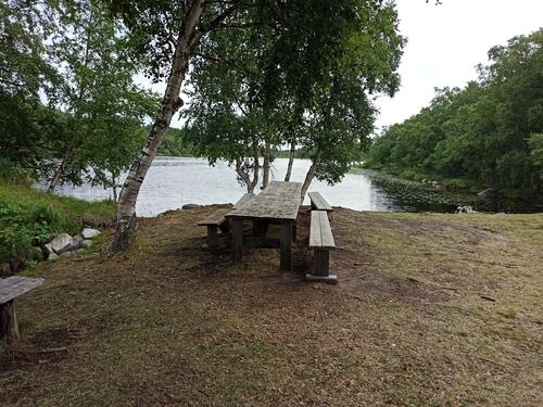 Table with benches by the river
