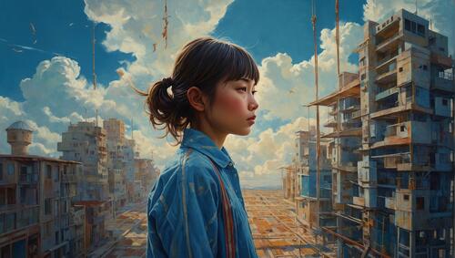An image of a girl looking up at the sky.