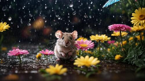 The little rodent is standing in the rain.
