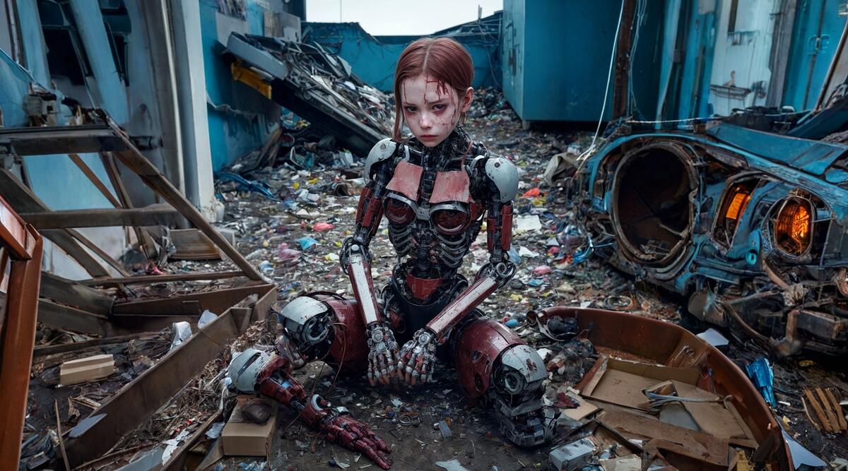 Broken, broken cyborg girl in a junkyard.