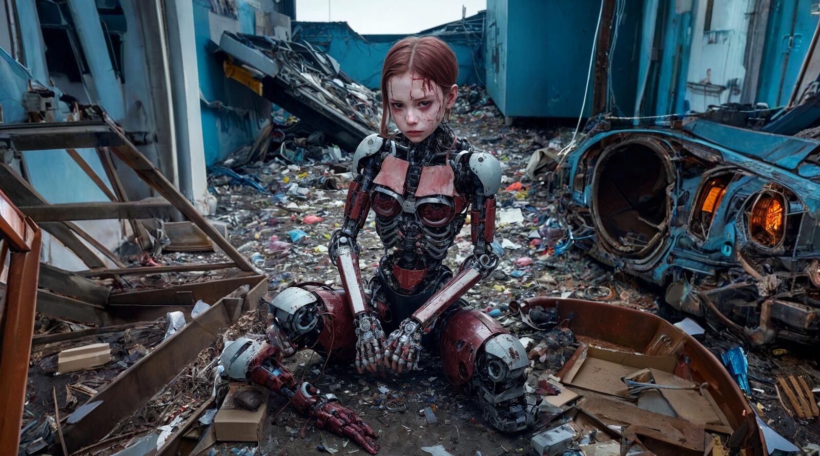 Free photo Broken, broken cyborg girl in a junkyard.