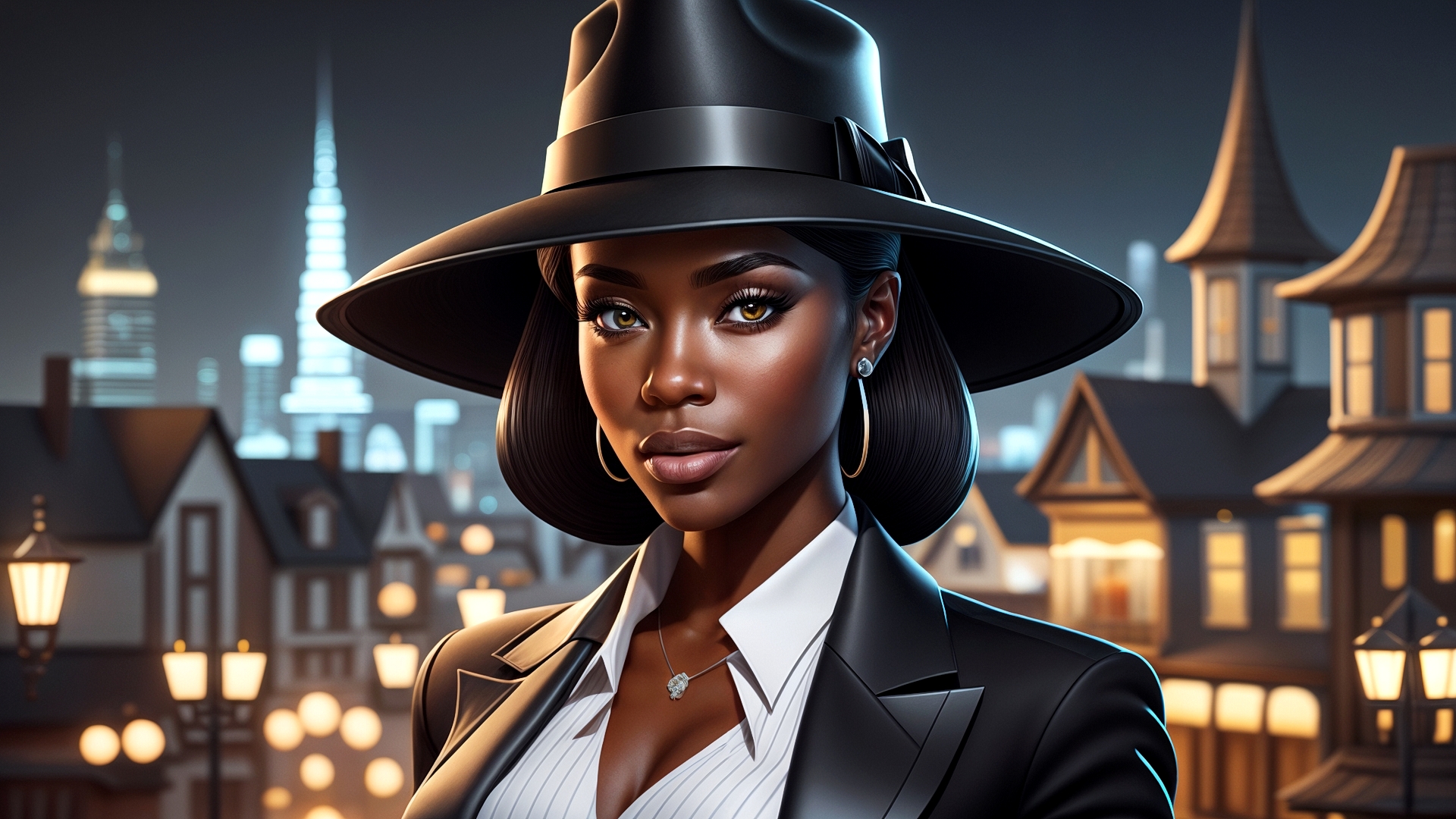 Бесплатное фото Портрет чернокожей девушки в шляпе на фоне ночного города в огнях
