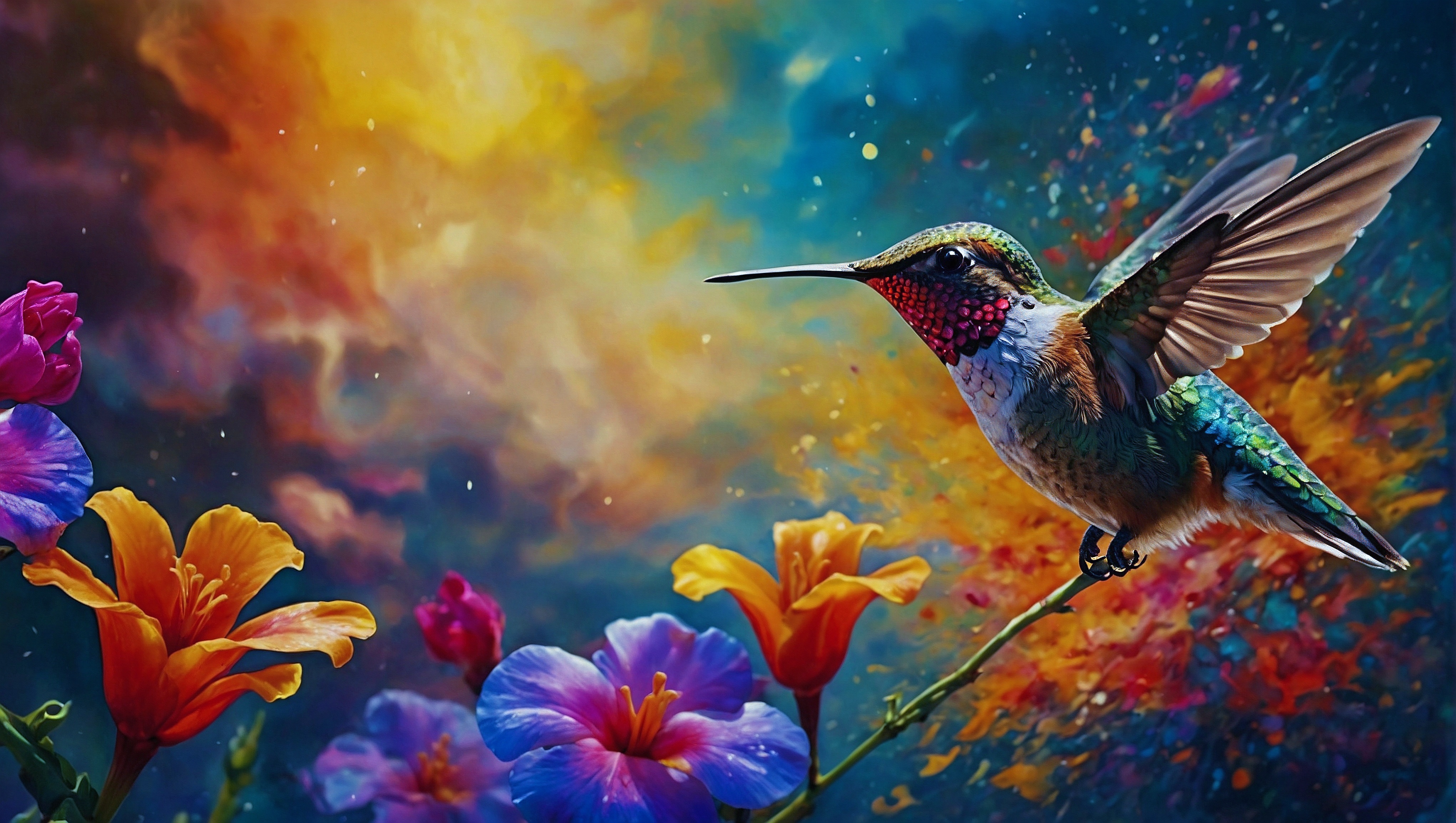 Бесплатное фото Картина с изображением колибри на разноцветных стеблях цветов