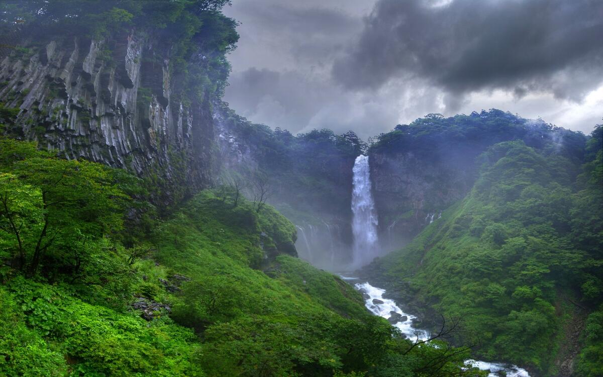 Водопад в непроходимом лесу Японии