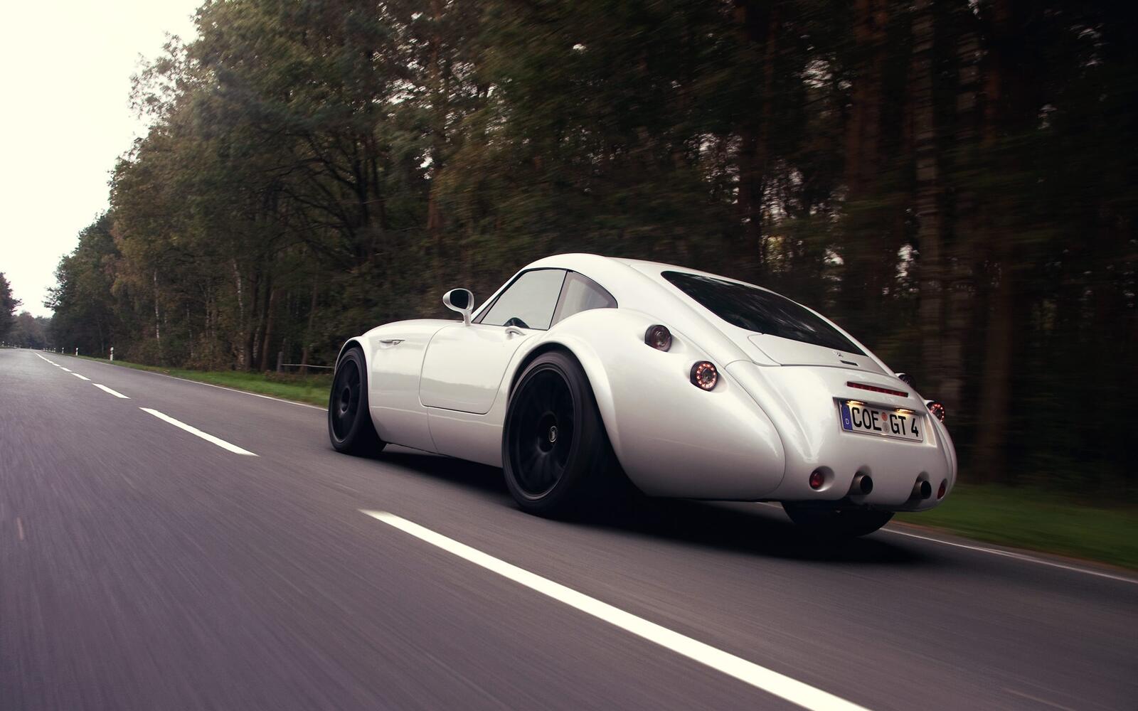 Free photo TVR Sagaris driving on a country highway rear view
