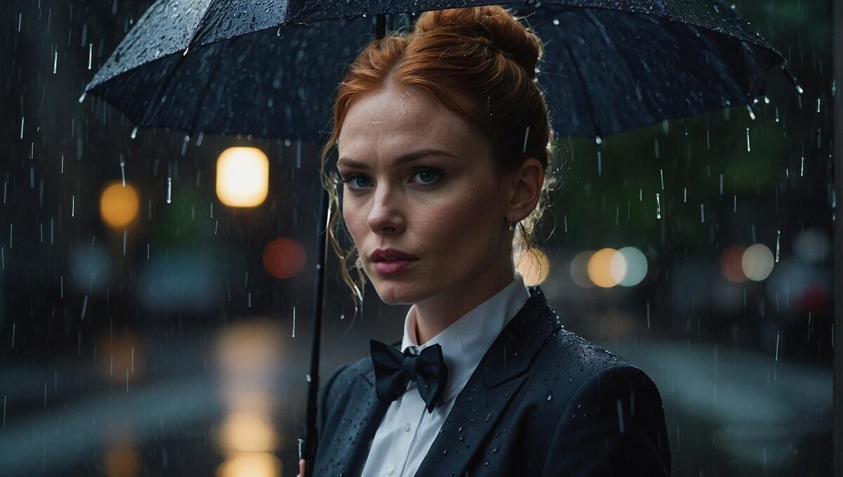 Женщина держит зонтик во время дождя