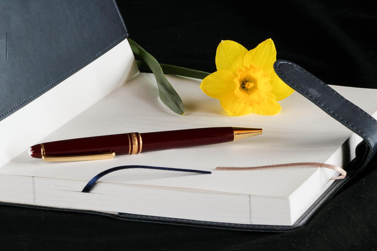 The yellow flower lies on the diary