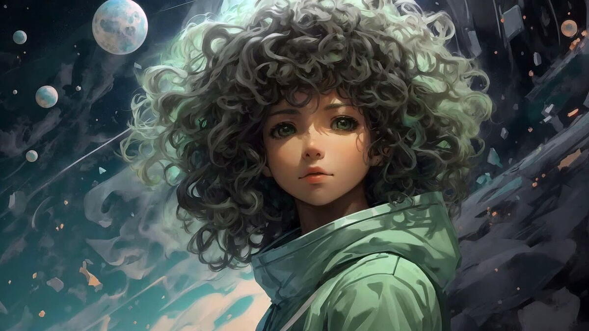 A drawing of a girl with bouffant hair and a fantasy world