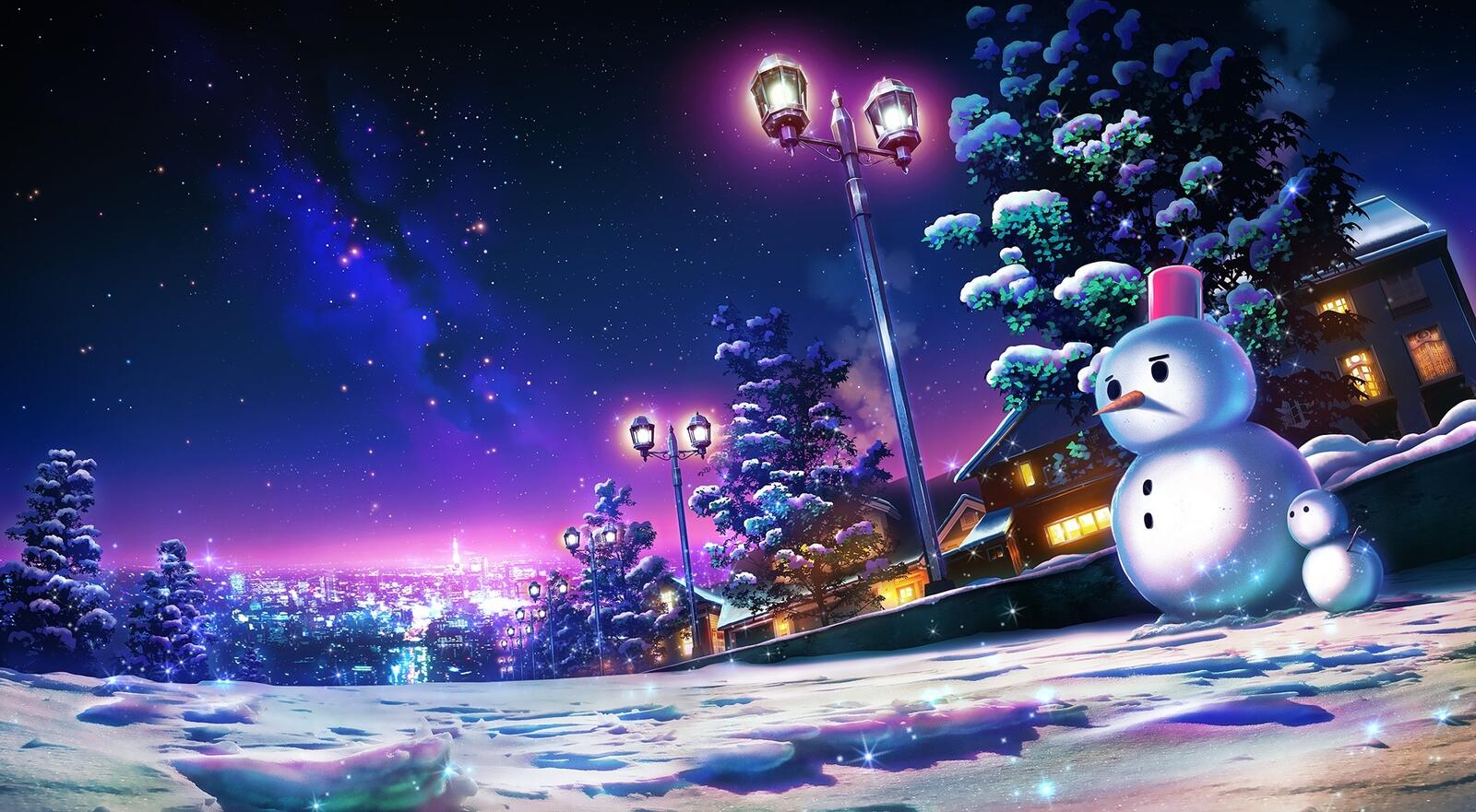 Обои обои аниме снеговик городской пейзаж на рабочий стол