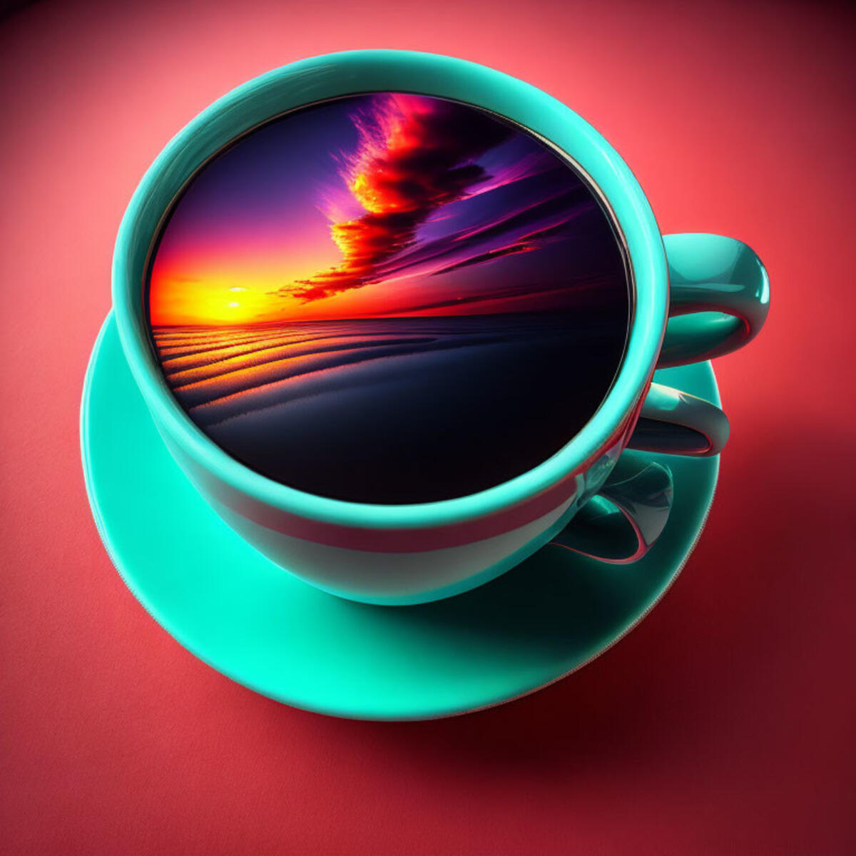 A green coffee cup with a sunset inside