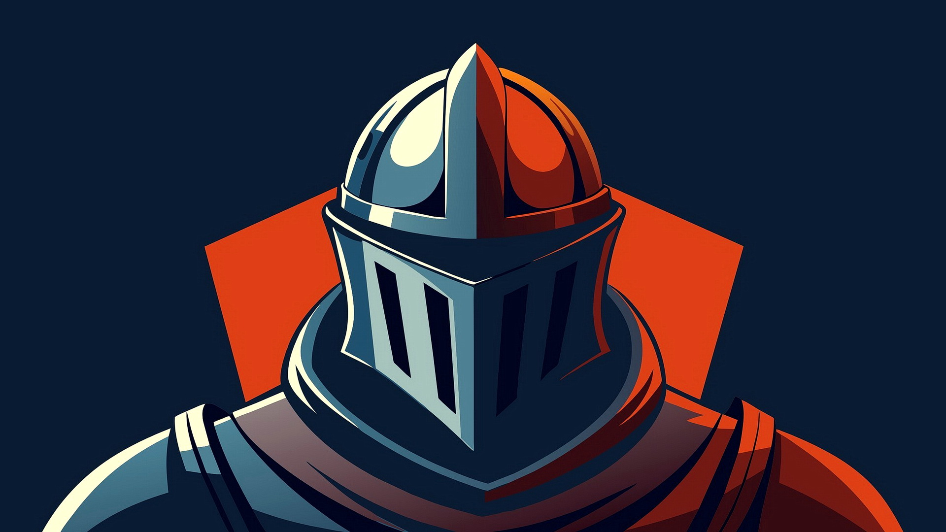 Drawing of a knight in a closed helmet and armor on a dark blue background