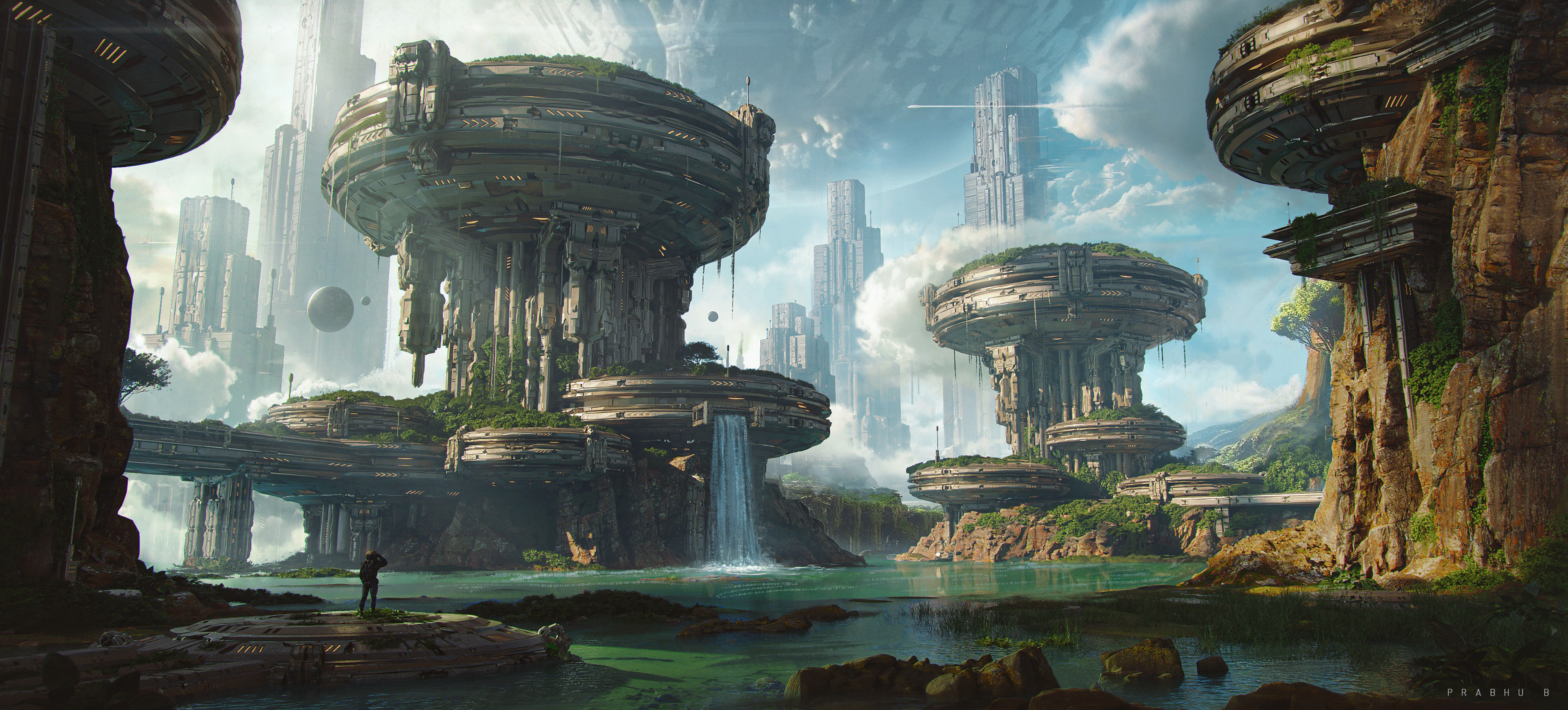 Бесплатное фото Рисунок города будущего с водопадом