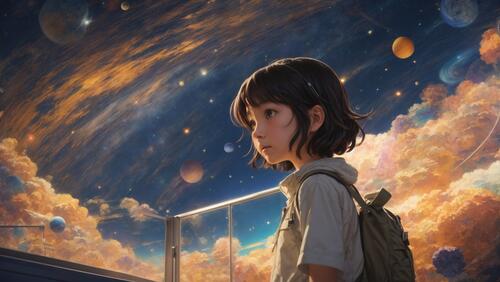 Девушка стоит перед стеклянной оградой на фоне оранжево-голубого неба со звездами.