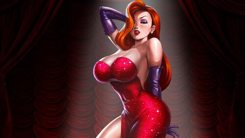 Drawing of a redheaded Jessica Rabbit in a dress standing on stage
