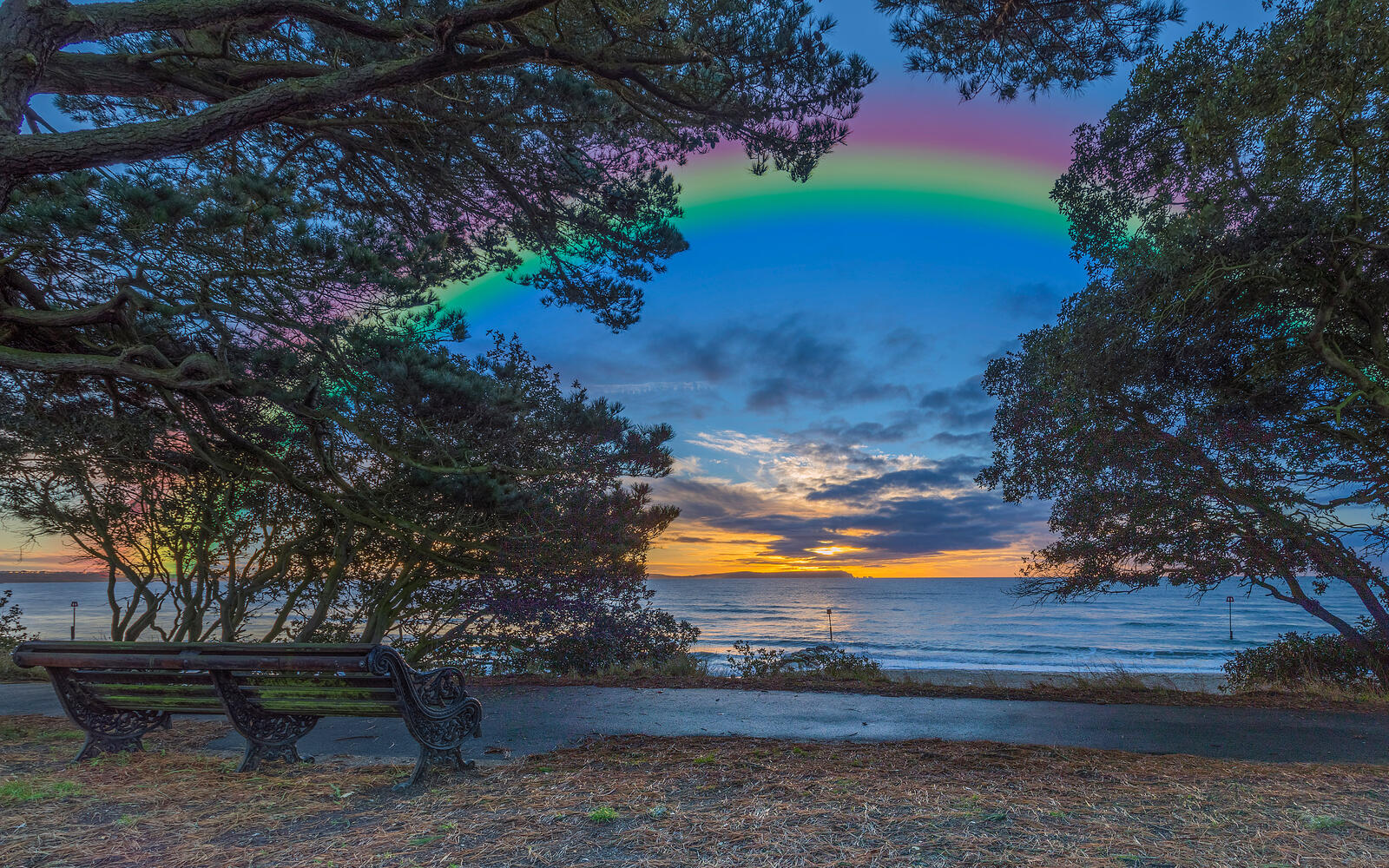 Free photo Rainbow over the sea at sunset