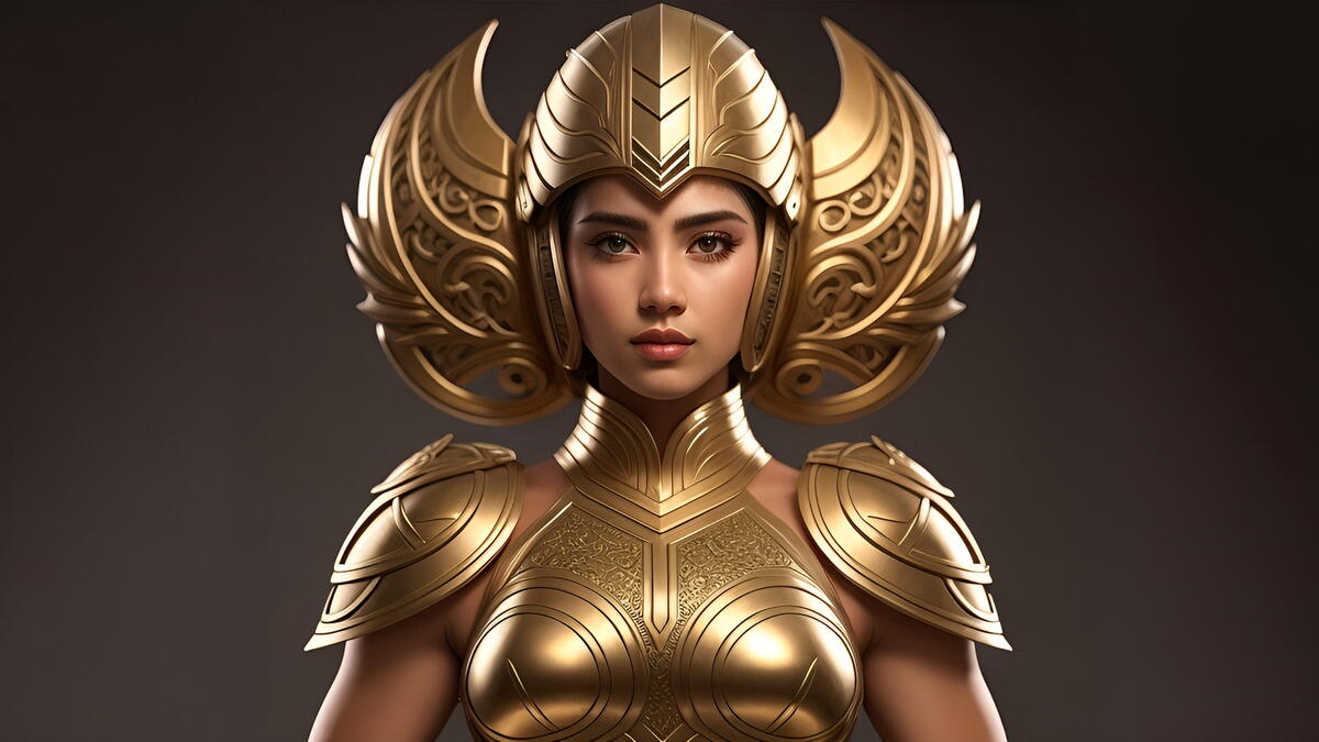 Girl warrior in gold helmet and armor