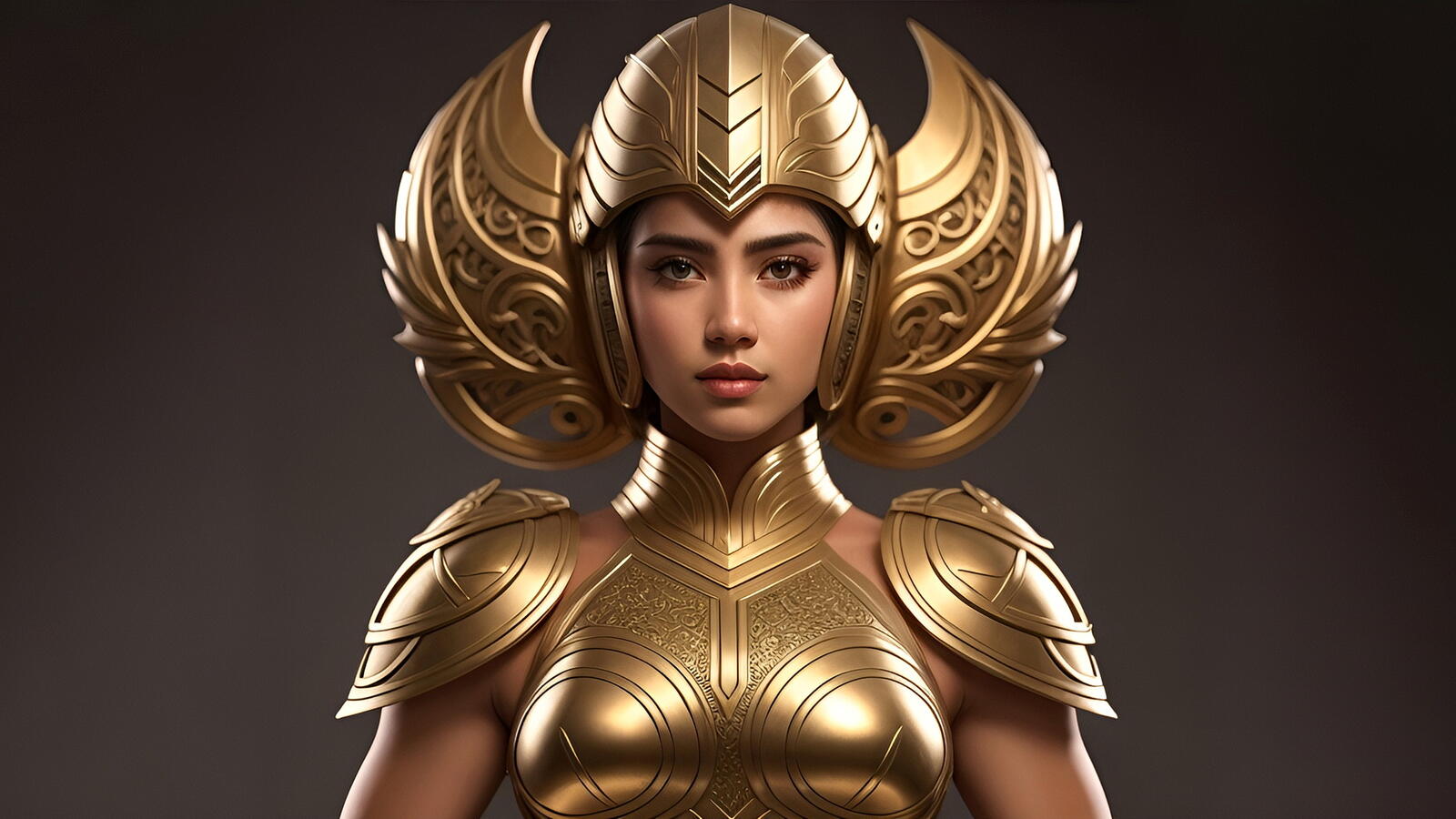 Бесплатное фото Девушка воин в золотом шлеме и доспехах