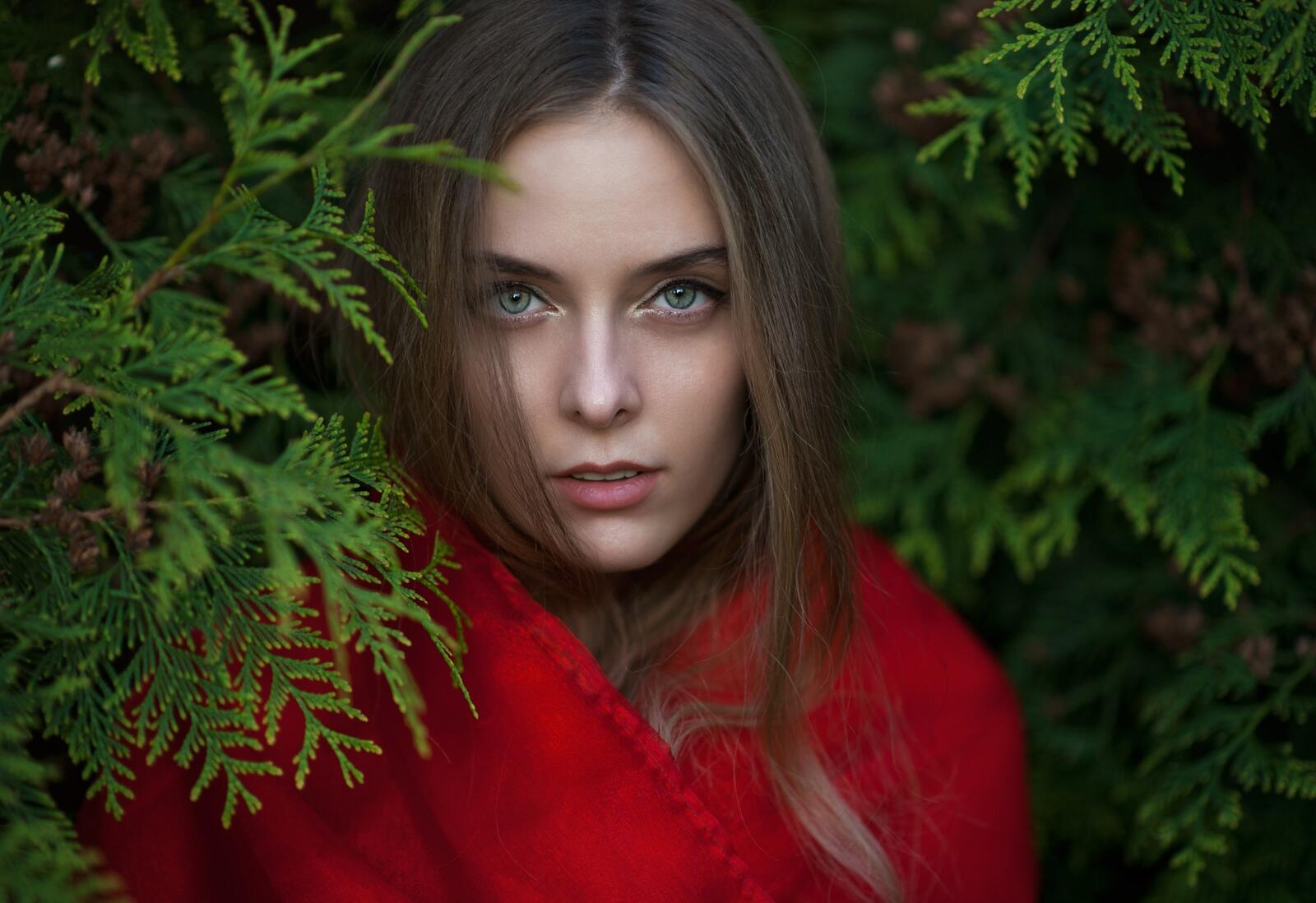 Free photo Amina Katinova with a red cape on her shoulders