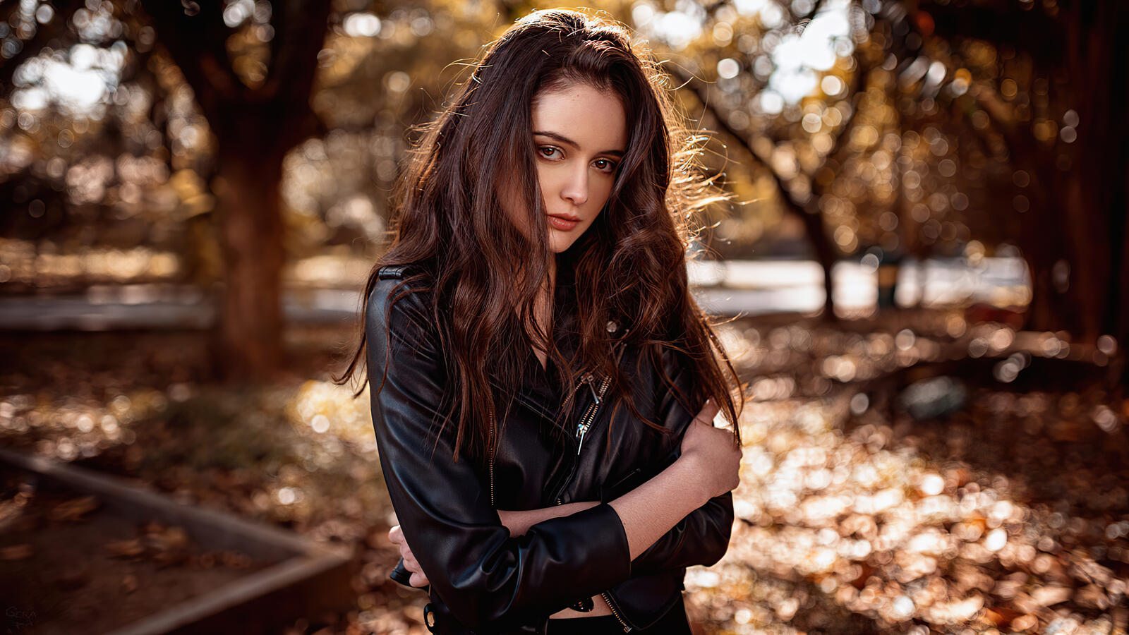 Free photo Young brunette in leather jacket