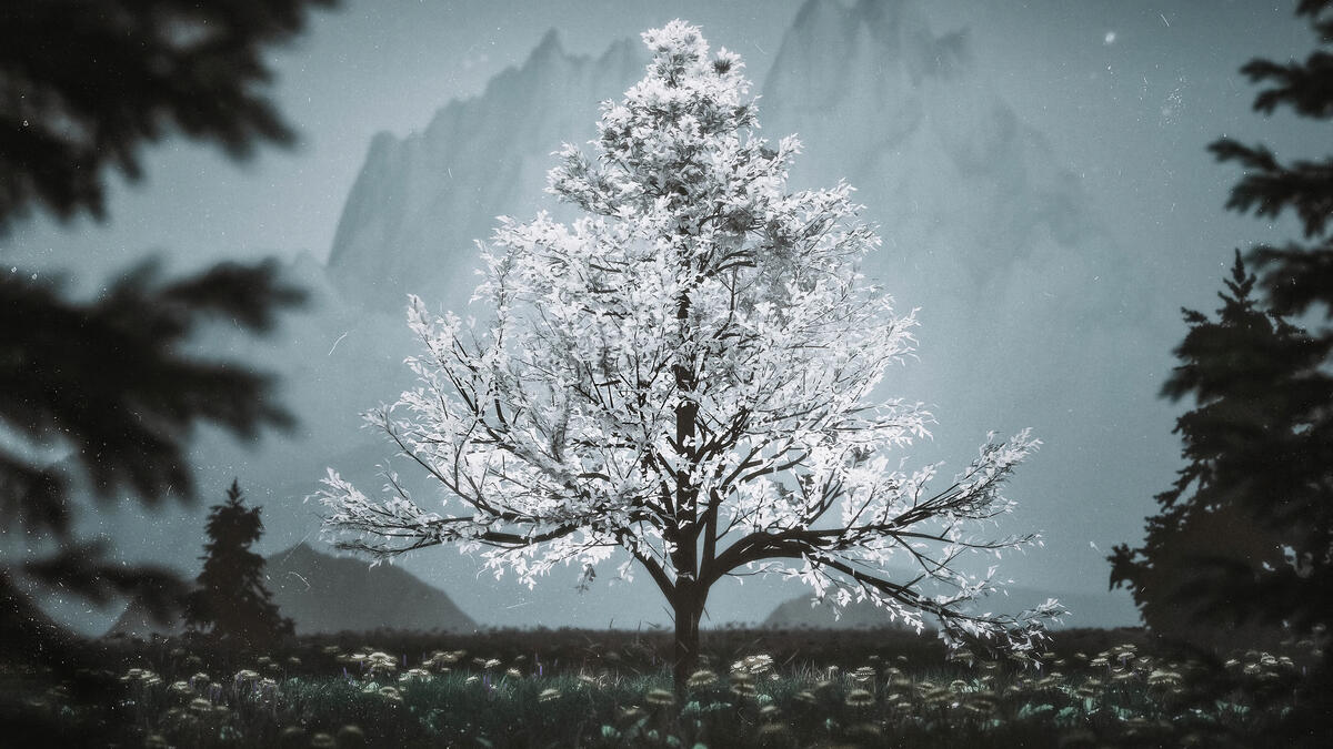 Рендеринг цветущего дерева с белыми цветами на нем