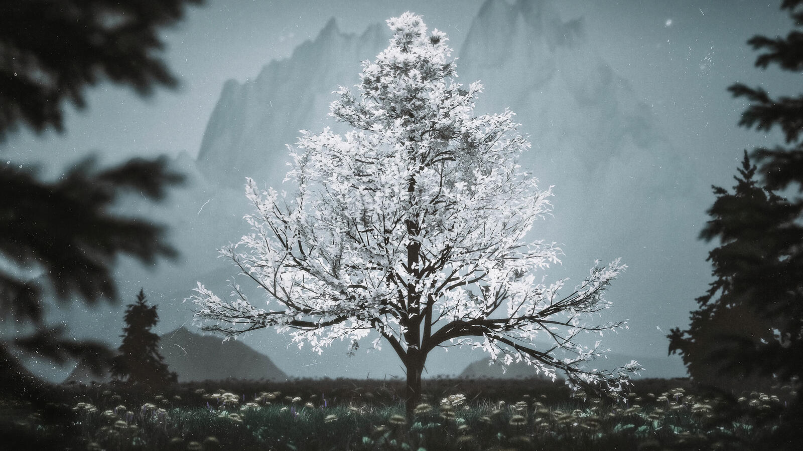 Бесплатное фото Рендеринг цветущего дерева с белыми цветами на нем
