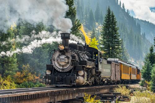 A steam locomotive rides over a bridge among the trees