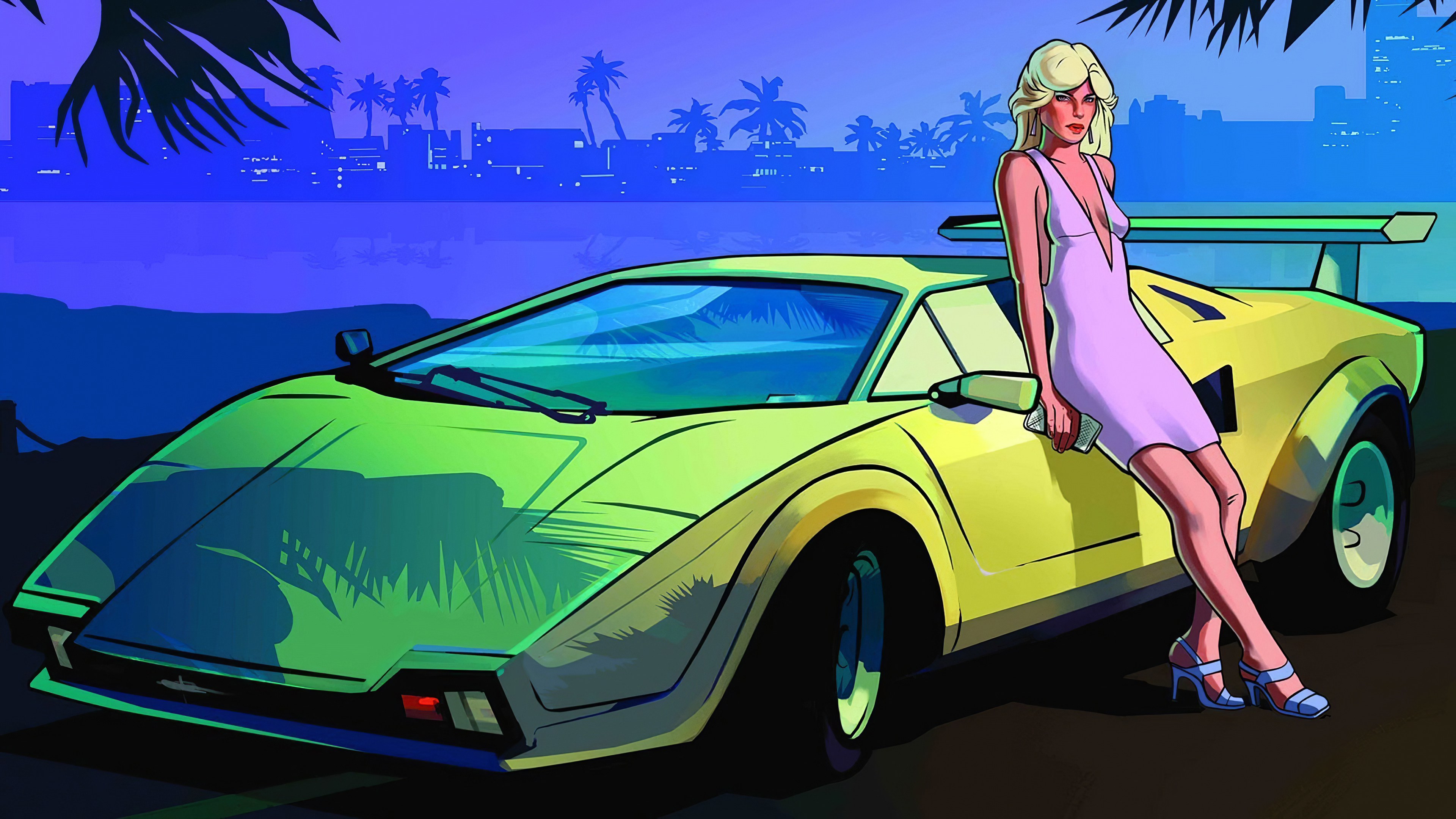 A girl next to a Lamborghini in the game Gta Vice City.