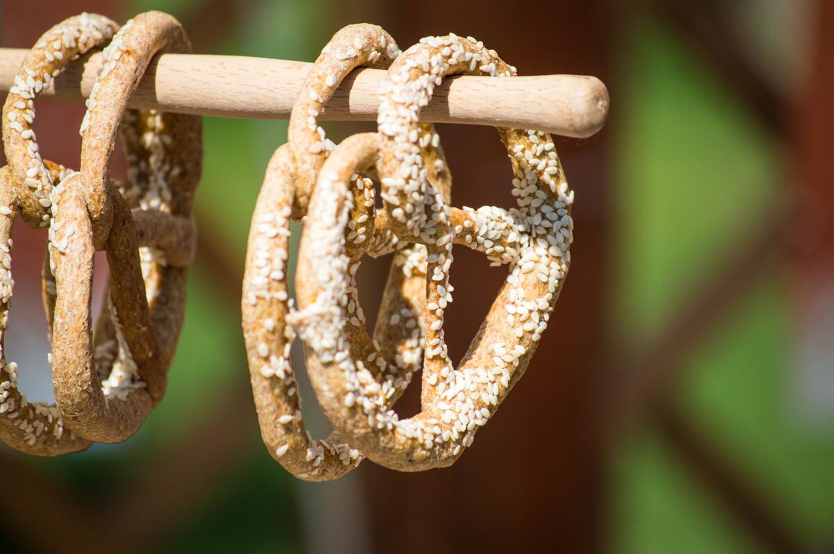Sesame pretzels on a stick
