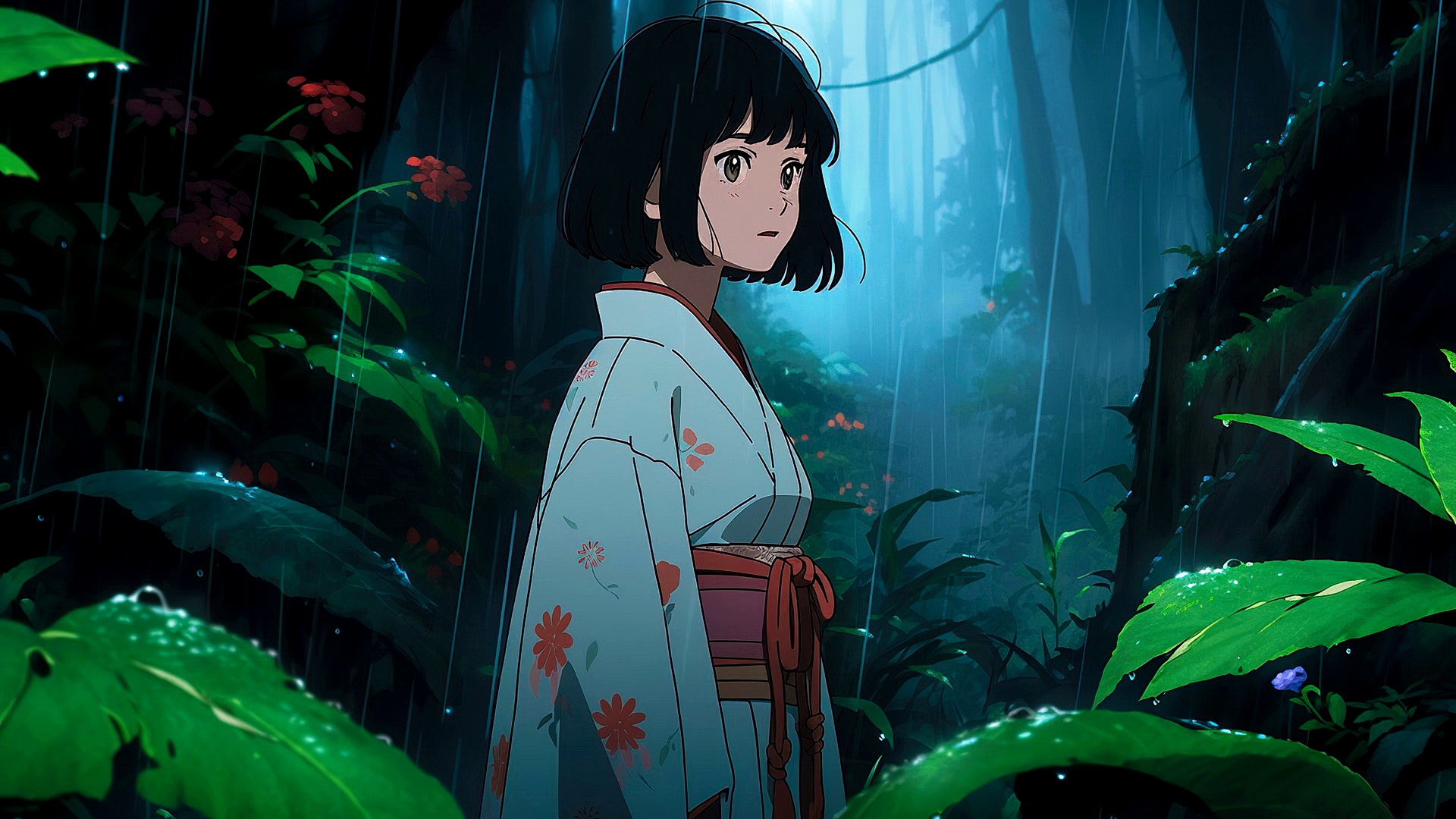 Drawing of a girl in a kimono in the forest in the rain