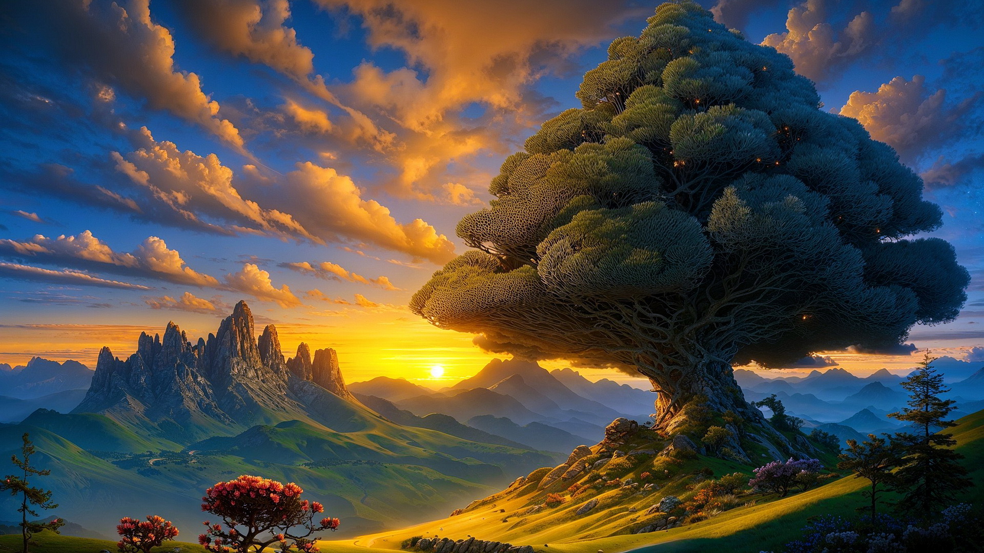 Бесплатное фото Горный пейзаж и сказочное дерево