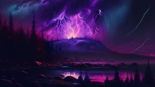 Landscape with a fantastic purple thunderstorm