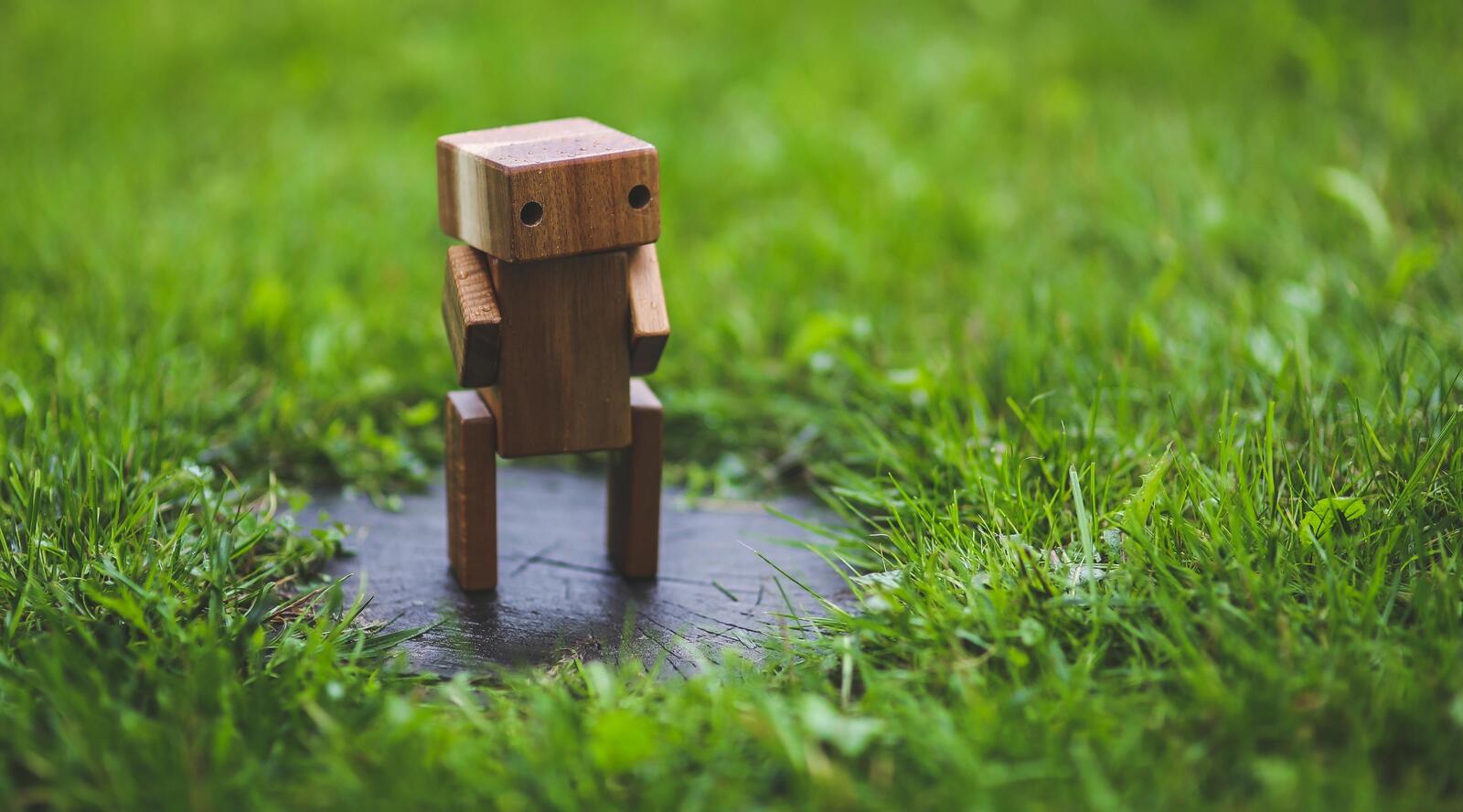 免费照片绿色草坪上矗立着一个木制小机器人