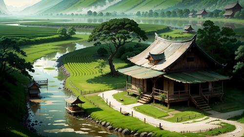 Рисунок дома у реки в японском стиле