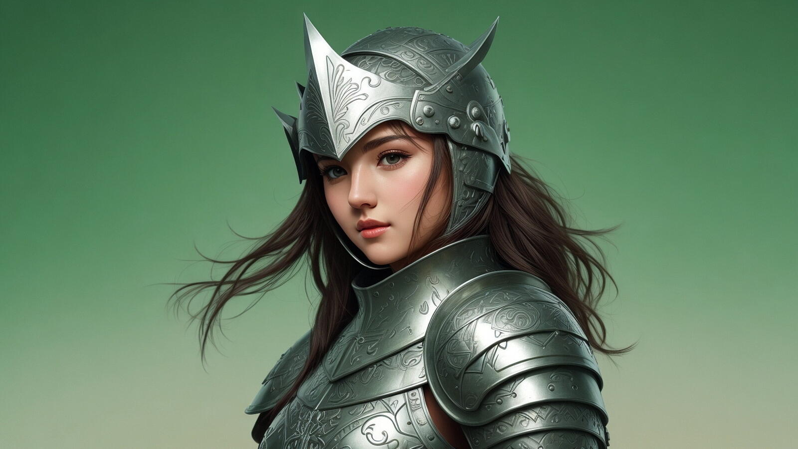 Бесплатное фото Девушка рыцарь на зеленом фоне