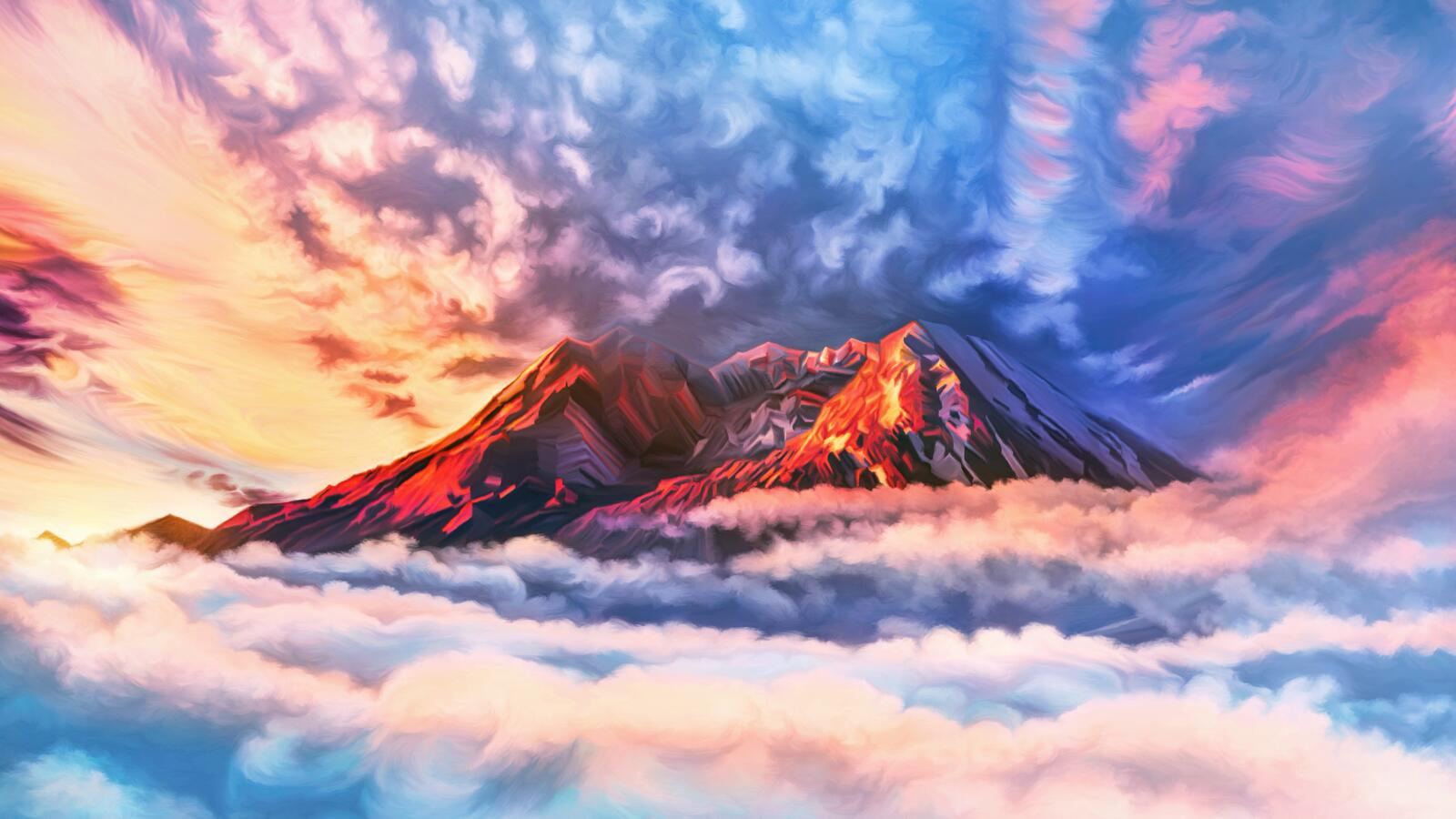 Бесплатное фото Рисунок холма горы в облаках