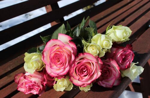 A bouquet of garden roses on a bench