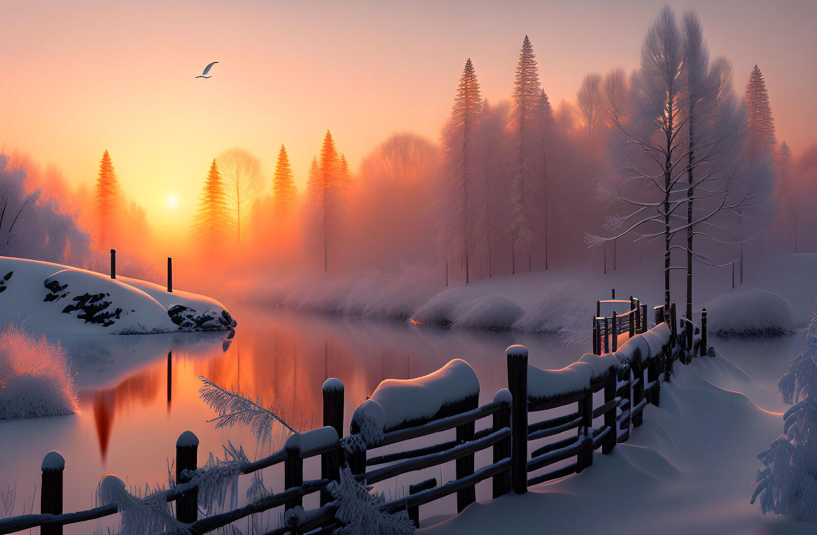 Free photo A misty dawn over the river in winter